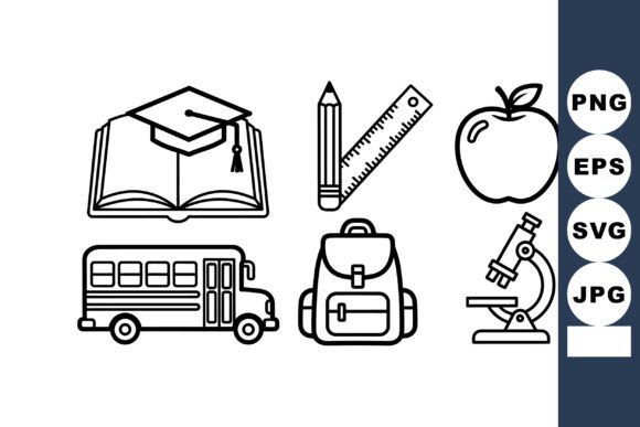 Education Icons Set with Book, Graduation Cap and Essential School Symbols