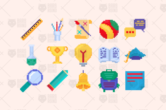 Education Pixel Art Symbols: 8-Bit Icons