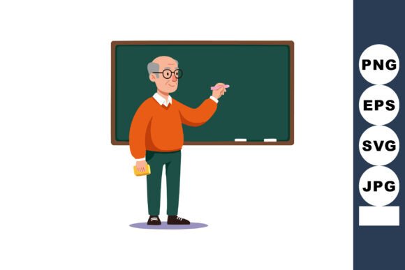 Elderly Male Teacher Writing on Blackboard