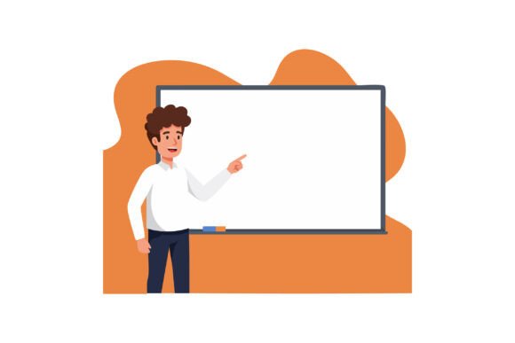 Male Teacher Pointing at Blank Whiteboard