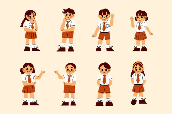 School Children in Uniform Illustration Set