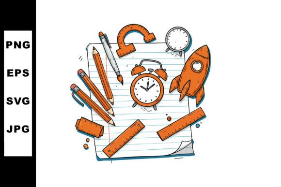 School Supplies with Clock and Rocket Il
